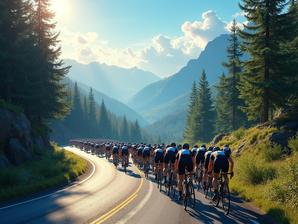 Cyclists Peloton Uphill Race in Lush Mountain Forest