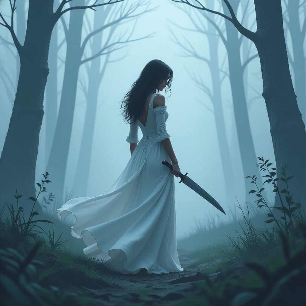 Girl in White Dress Holding Knife in Misty Forest