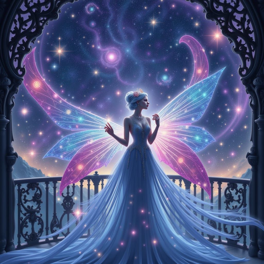 Ethereal Fairy Gazes at Cosmic Sky from Balcony