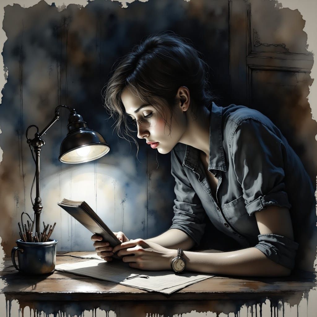 A Student Studying by Desk Lamp in a Darkened Room