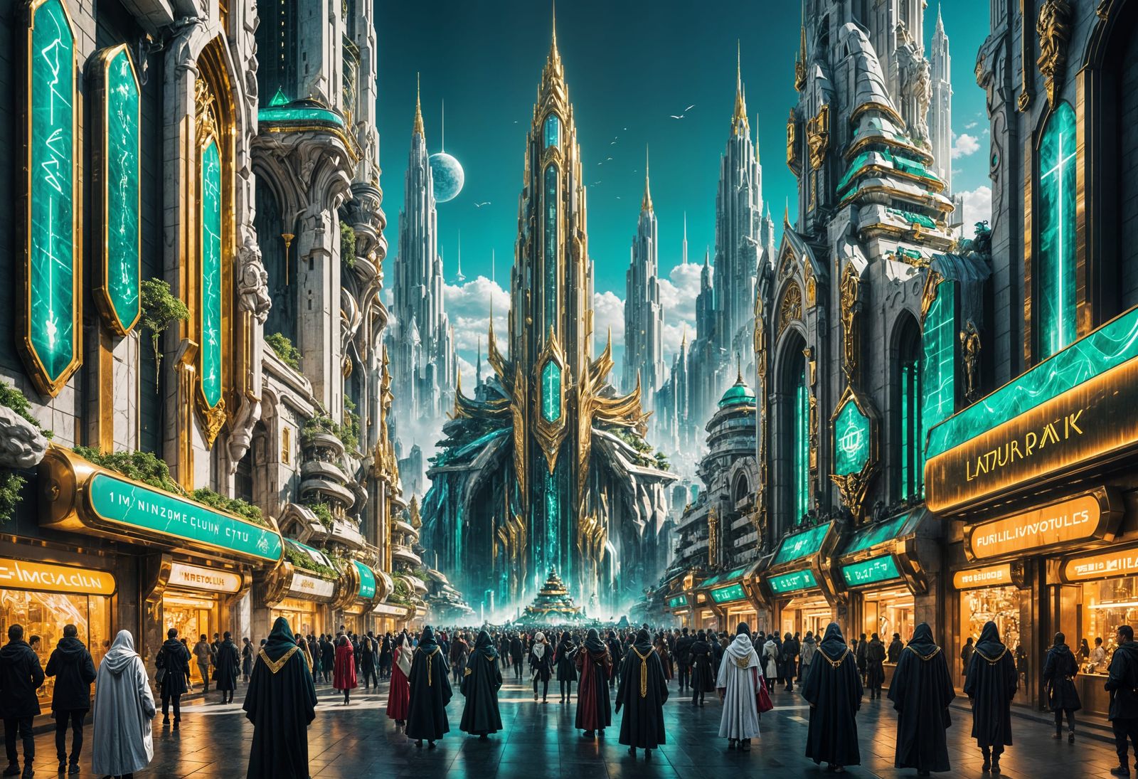 Futuristic Neon City with Emerald Waterfalls