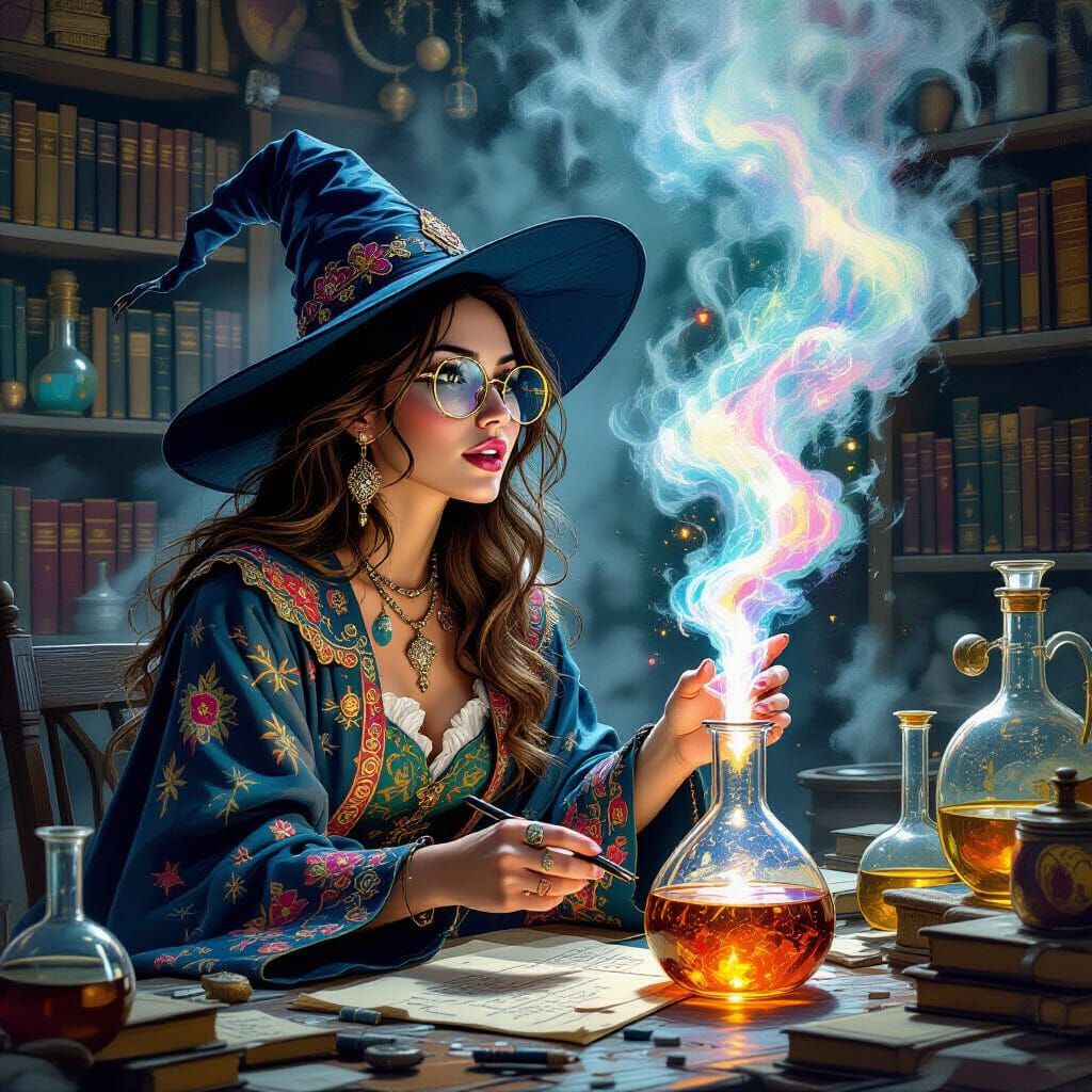 Surprised Witch in Laboratory with Colorful Smoke