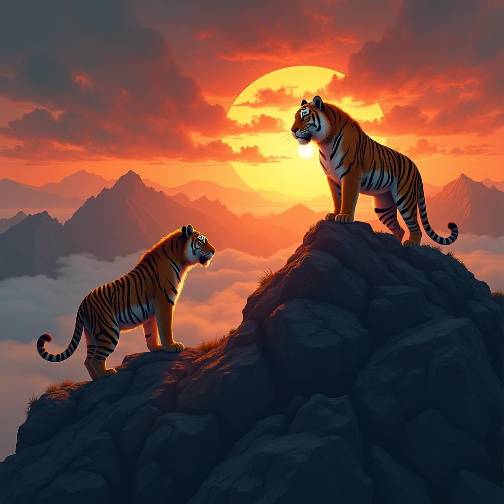 Majestic Golden Tigers at Sunset, Fantasy Illustration