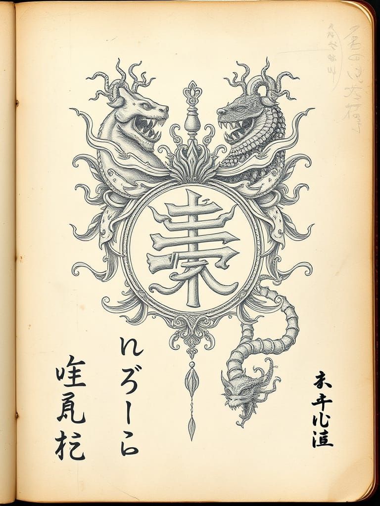 Whimsical Japanese Family Crest in Vintage Textbook Style