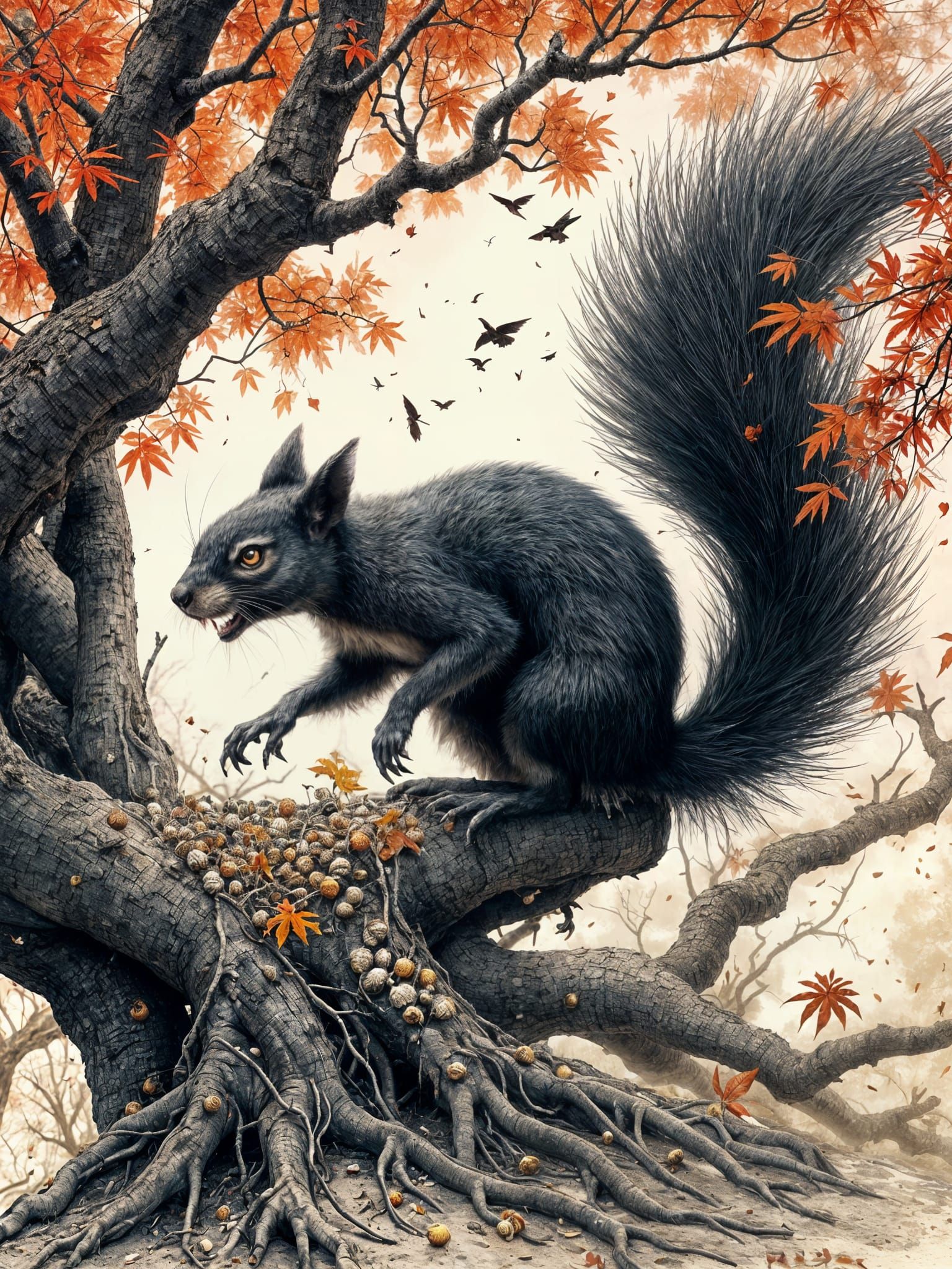 Predatory Squirrel Kami in Sumi-e and Ukiyo-e Style