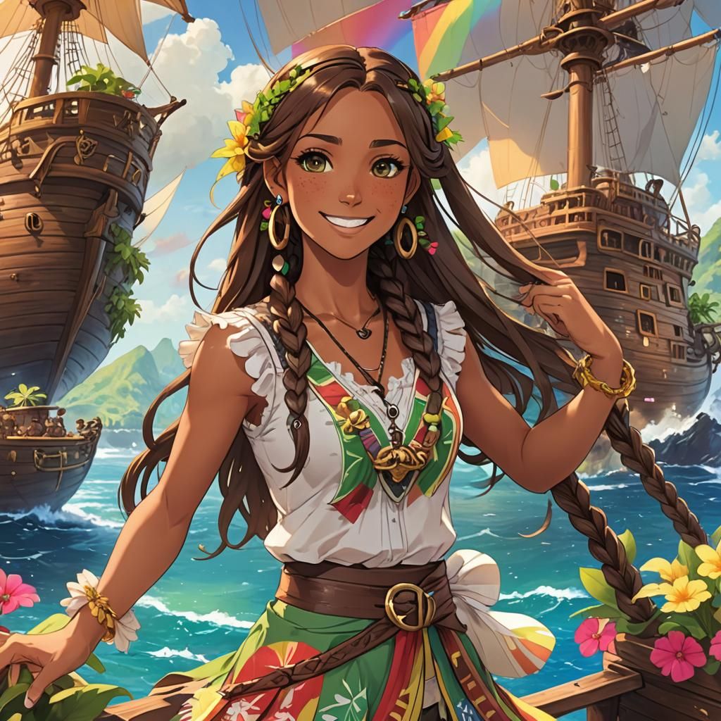 Beautiful green-eyed Hawaiian girl with tanned brown skin.