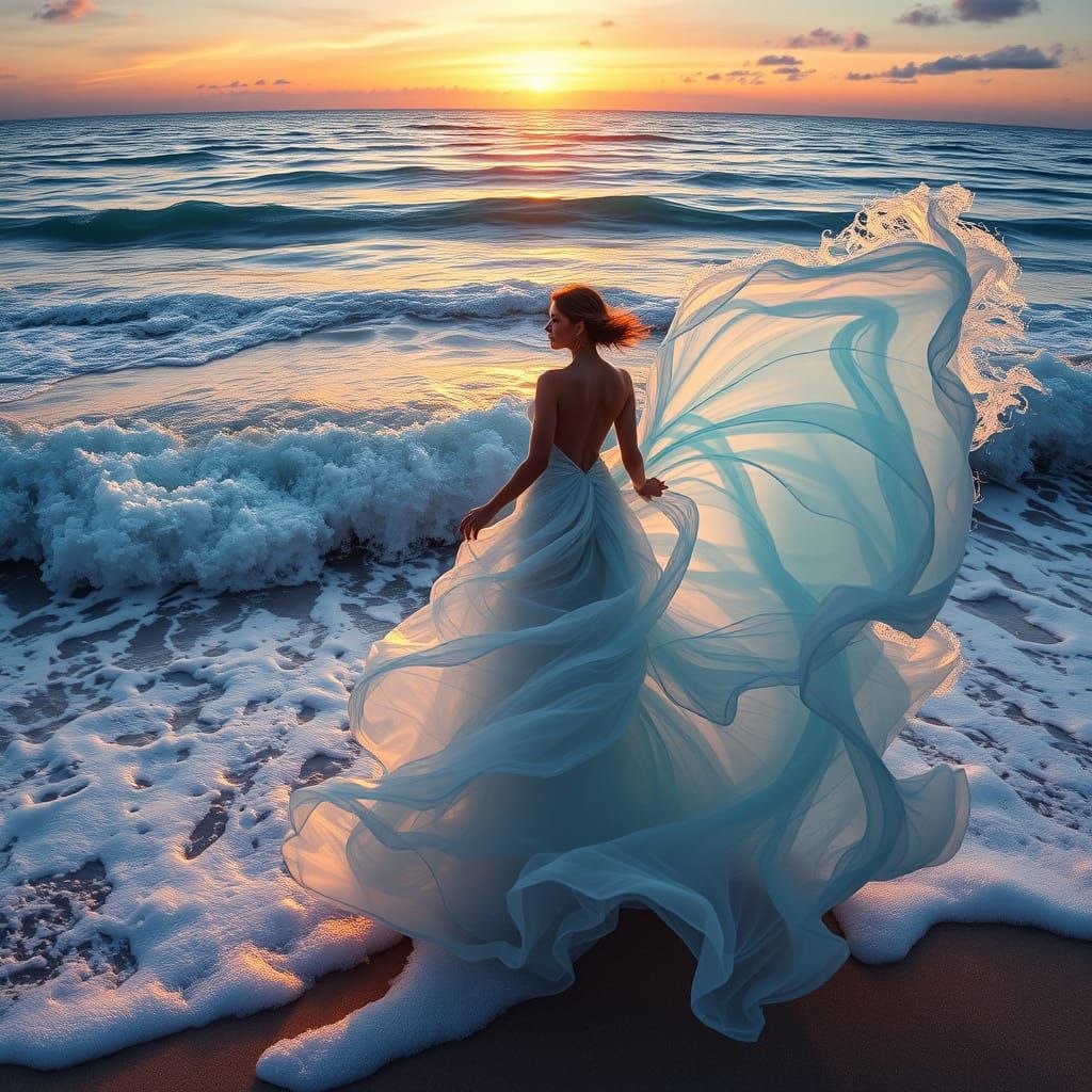 Ethereal Sunset Goddess Emerging from Seafoam Waves in Ultra...