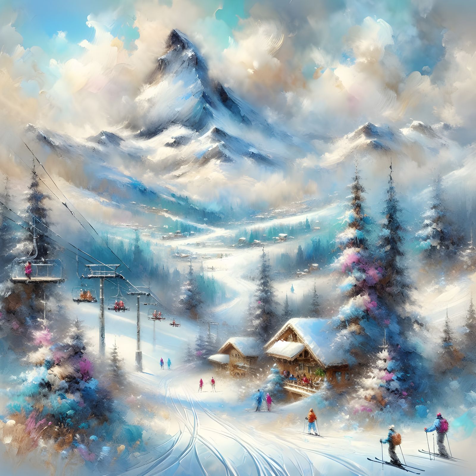 Winter Mountain Landscape in Impressionistic Pastel Style
