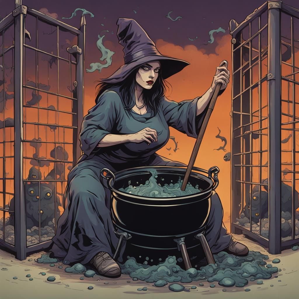 Witch Brewing Potion with Prisoners in Background