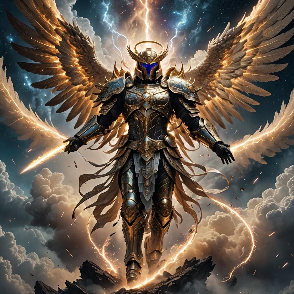 Armored Angel Descends to Battlefield with Starry Wings