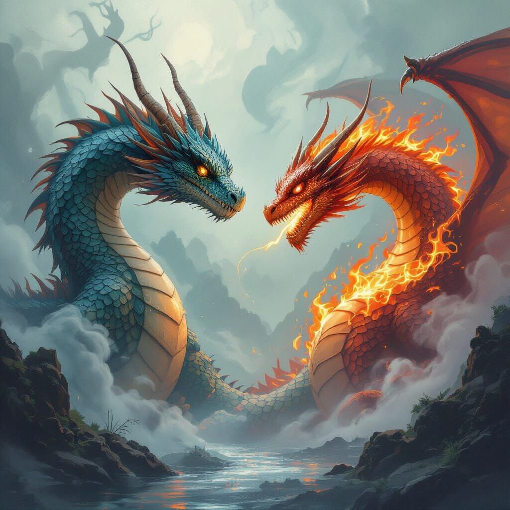 Water Dragon vs Fire Dragon in Atmospheric Style