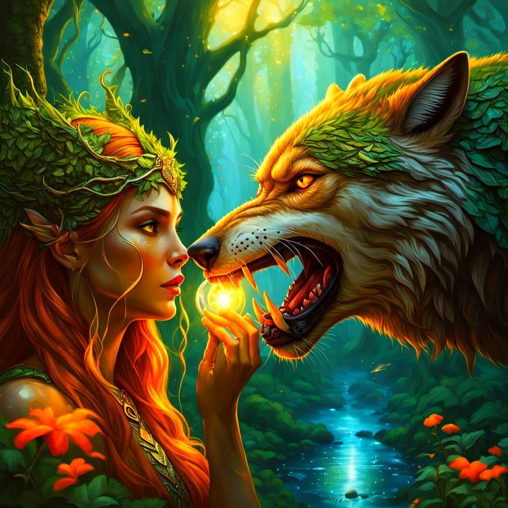 Ethereal Elf Kissing a Wolf in an Enchanted Forest