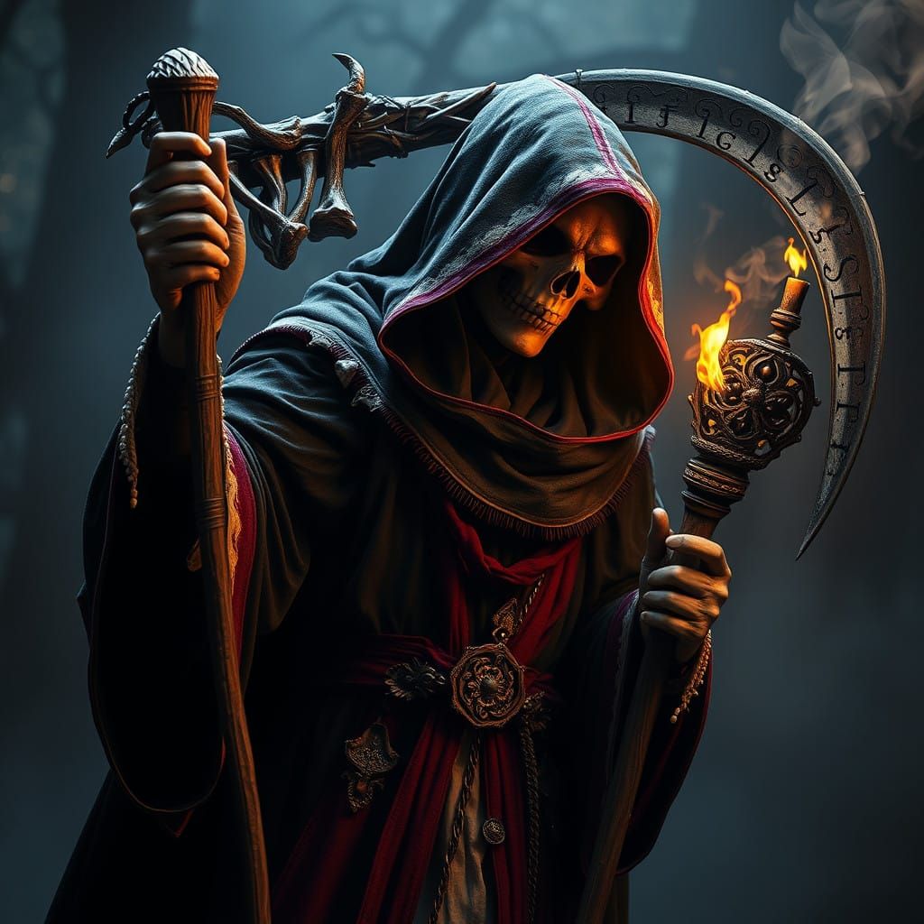 Mysterious Preacher in Tattered Robes with Scythe and Grim T...