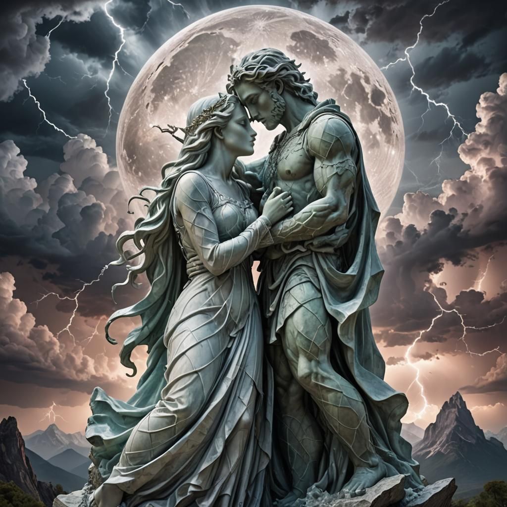 Crystalline Statues Kissing Under a Stormy Moon