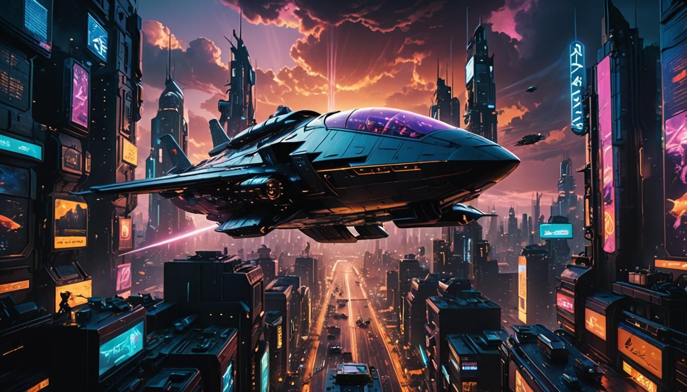 Cyberpunk City Sky Battle Inspired by Syd Mead