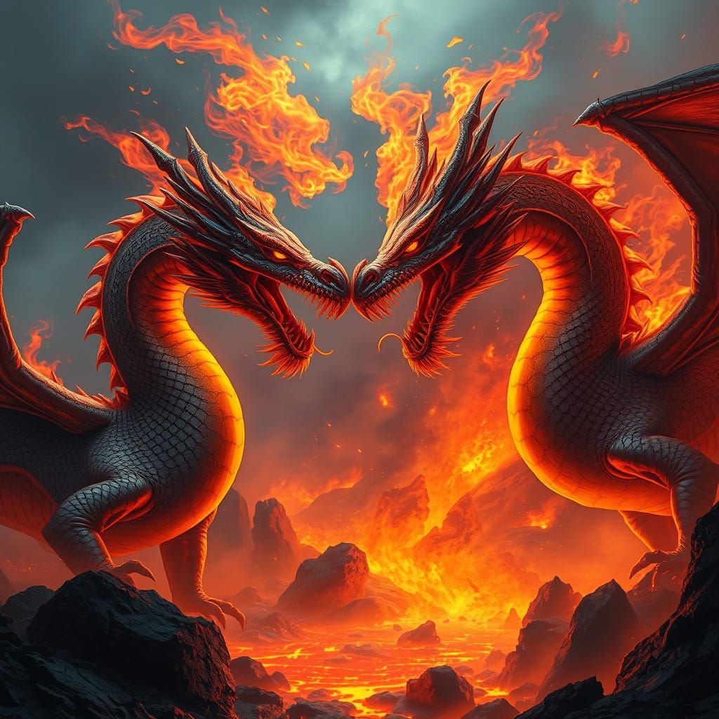 Epic Fire Breathing Dragon Clash in Apocalyptic Landscape
