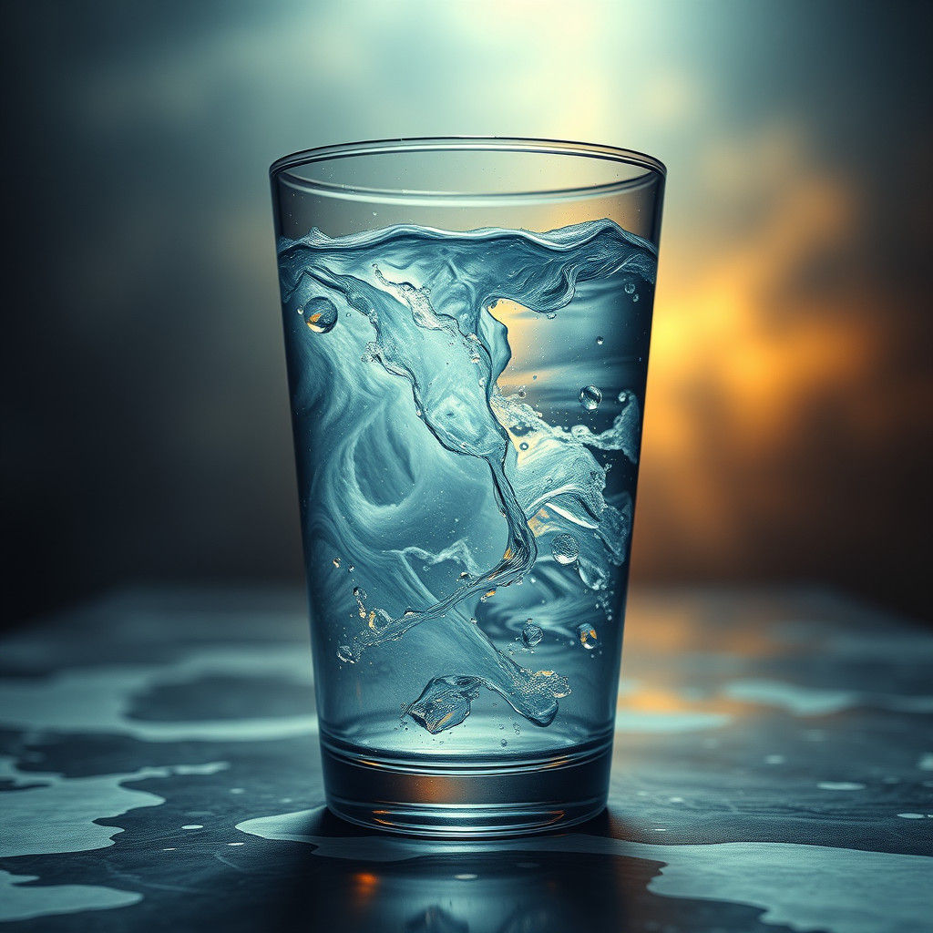 Glass of Water with Stormy Sea: Hyperrealistic Still Life