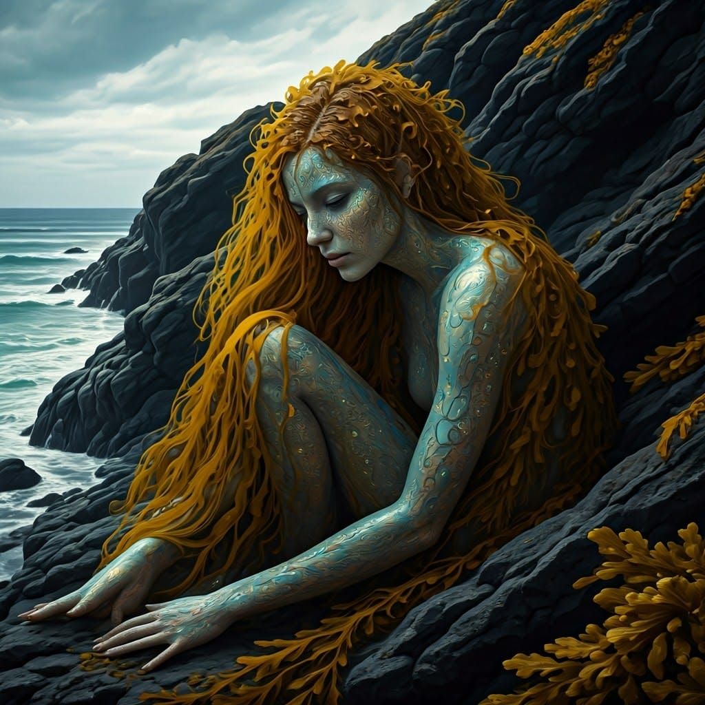 Coastal Siren with Sea Glass Skin and Seaweed Hair