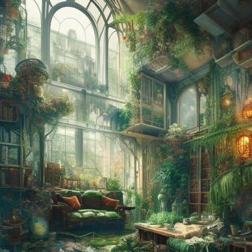 Lush Living Room with Sunlight in Art Nouveau Style