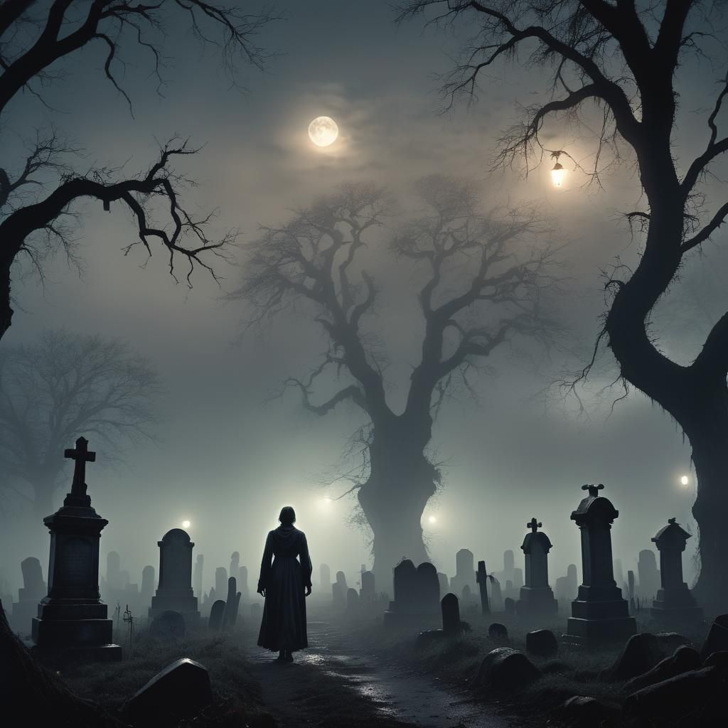 Eerie Figure in Mist-Filled Cemetery, Dark Fantasy Art