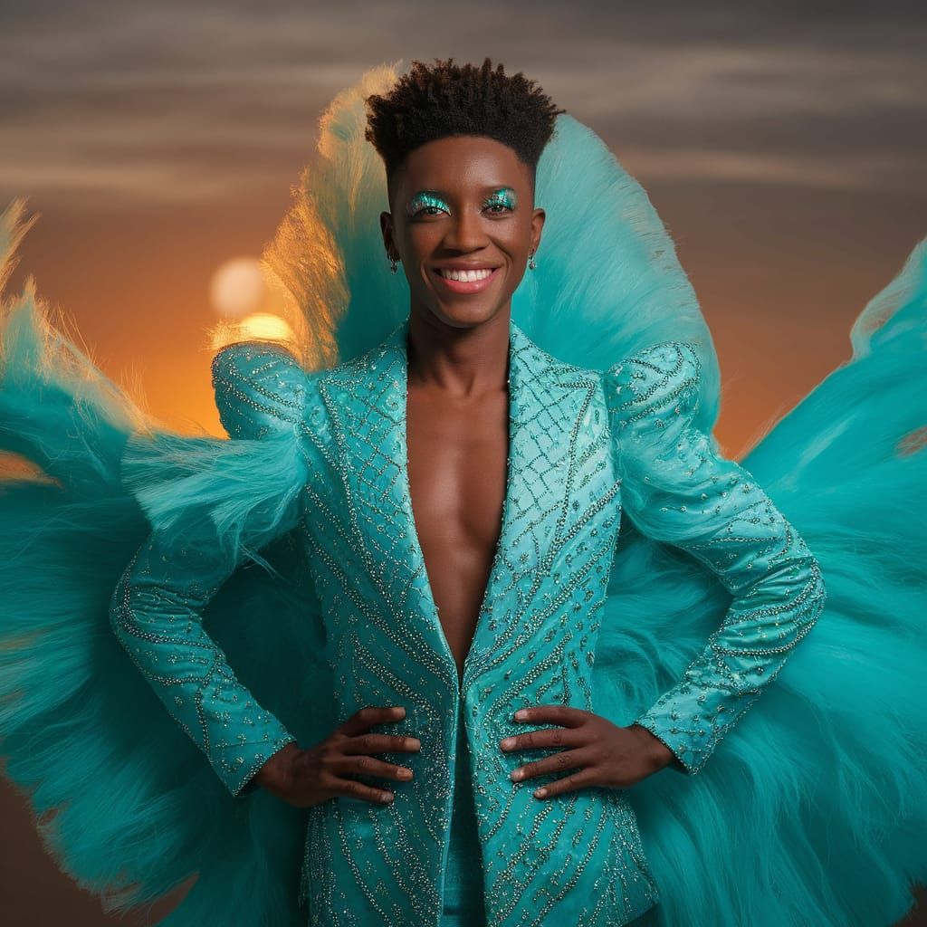 Radiant Person in Turquoise Attire at Sunset