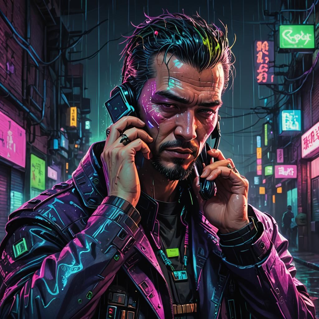 King Talking on Cell Phone in Cyberpunk Style