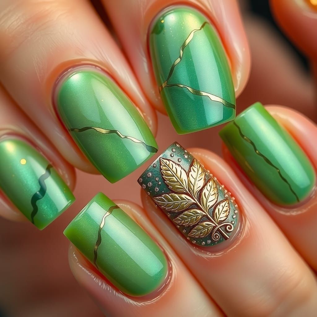 Ornate Green and Gold Gemstone Nail Art