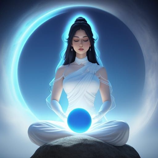 Woman Meditating with Glowing Orb in Hyperrealistic Digital ...