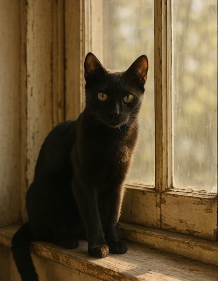Cat Contemplation: Morning Light on an Old Windowsill