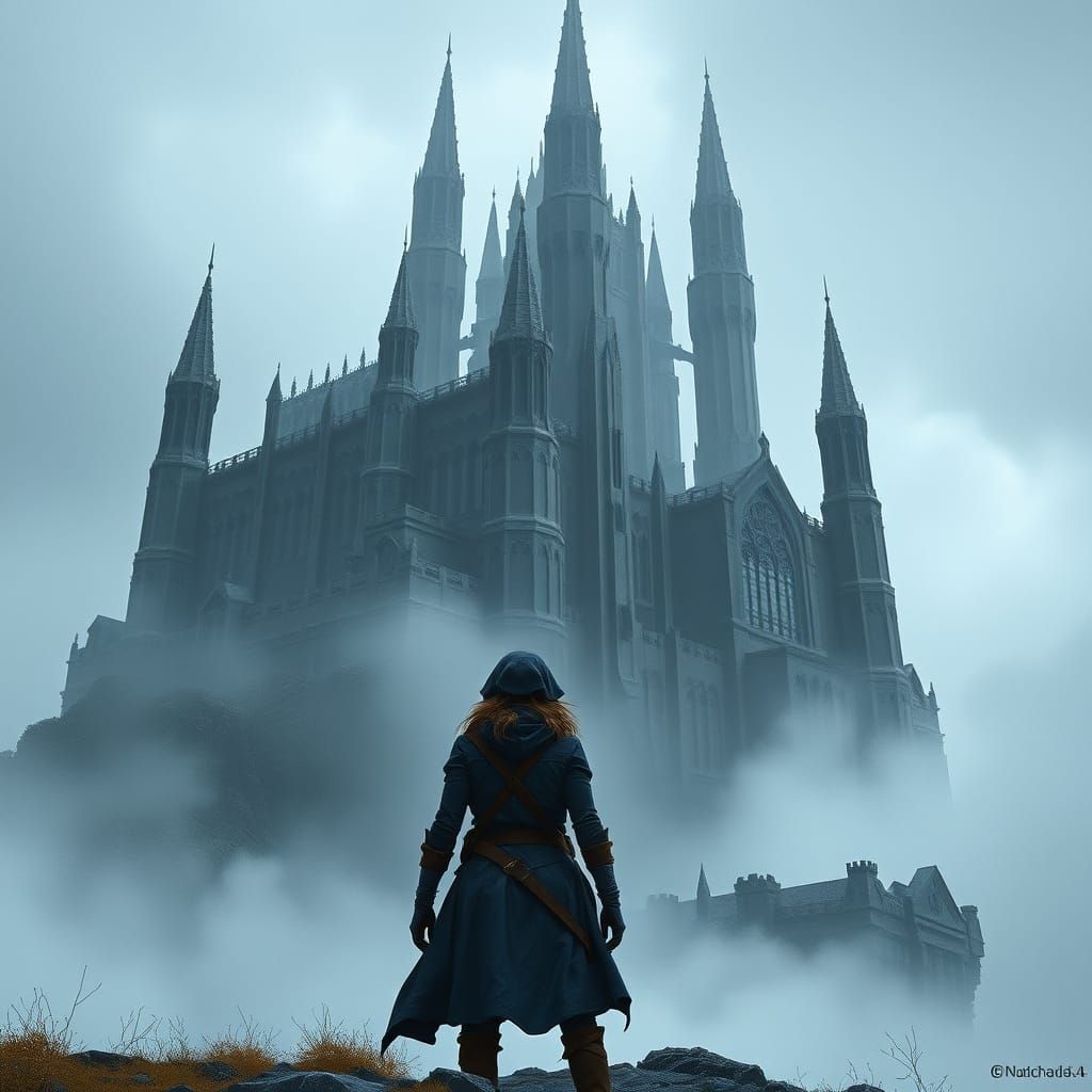 Vault Dweller and Mist-Shrouded Gothic Castle