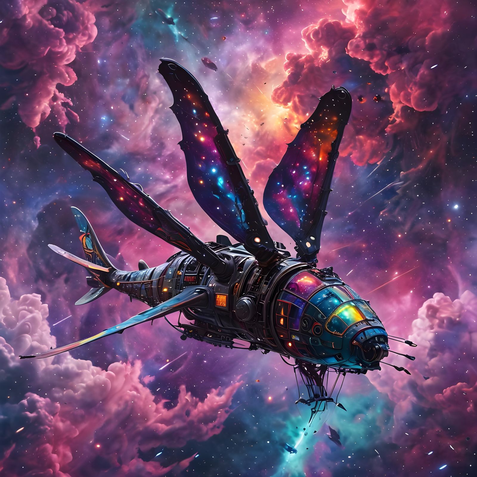 Interstellar Whale-Insect Spaceship in Triadic Colors