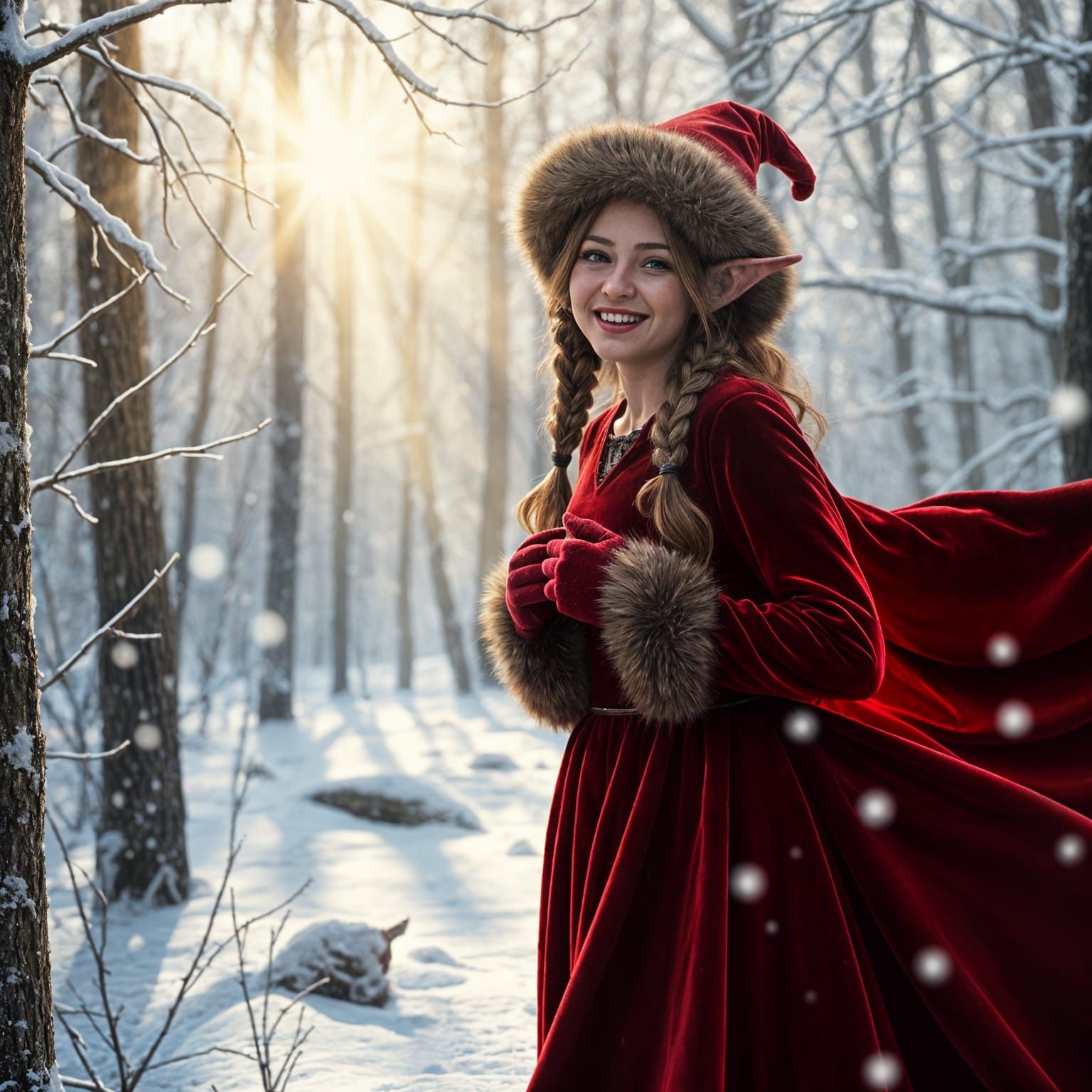 Beautiful Elf Woman in Snowy Landscape with Sun Rays