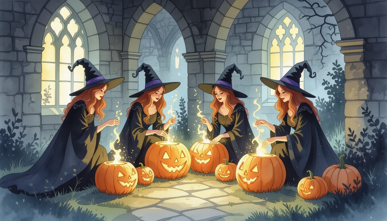 Witchy Watercolor: Pumpkins Glow in Ruined Abbey Gardens
