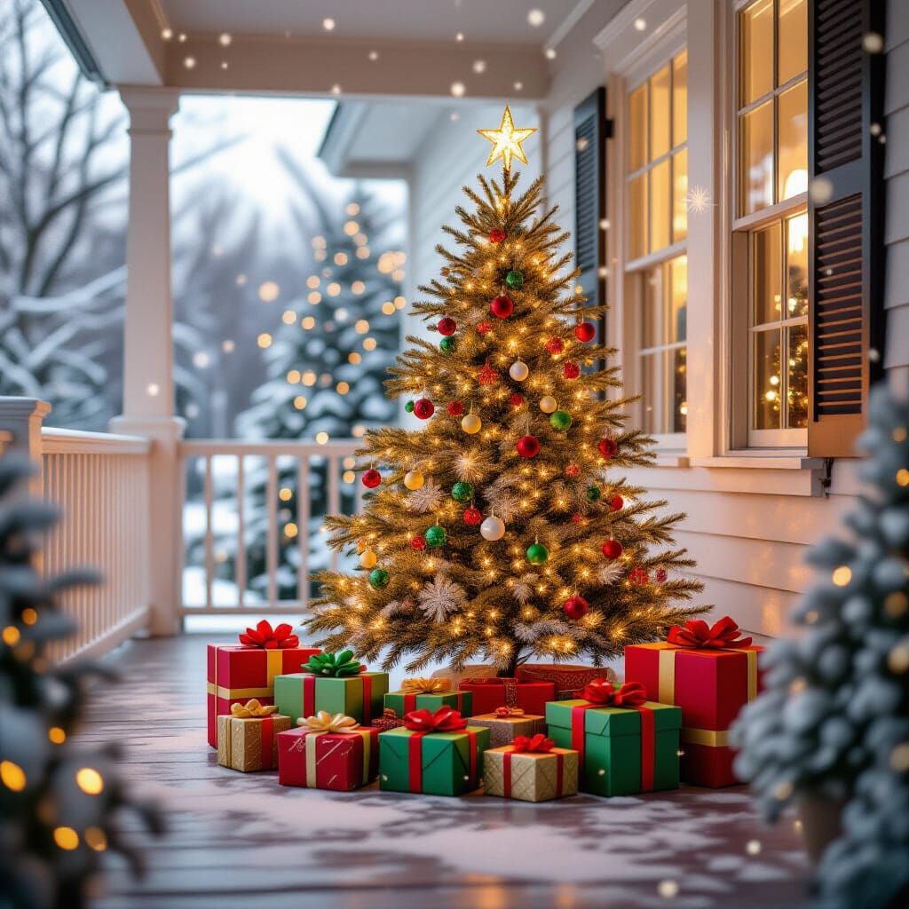 Cozy Christmas Porch with Gifts and Falling Snow