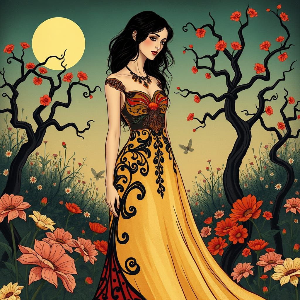 Serene Art Nouveau Goddess in a Moonlit Garden