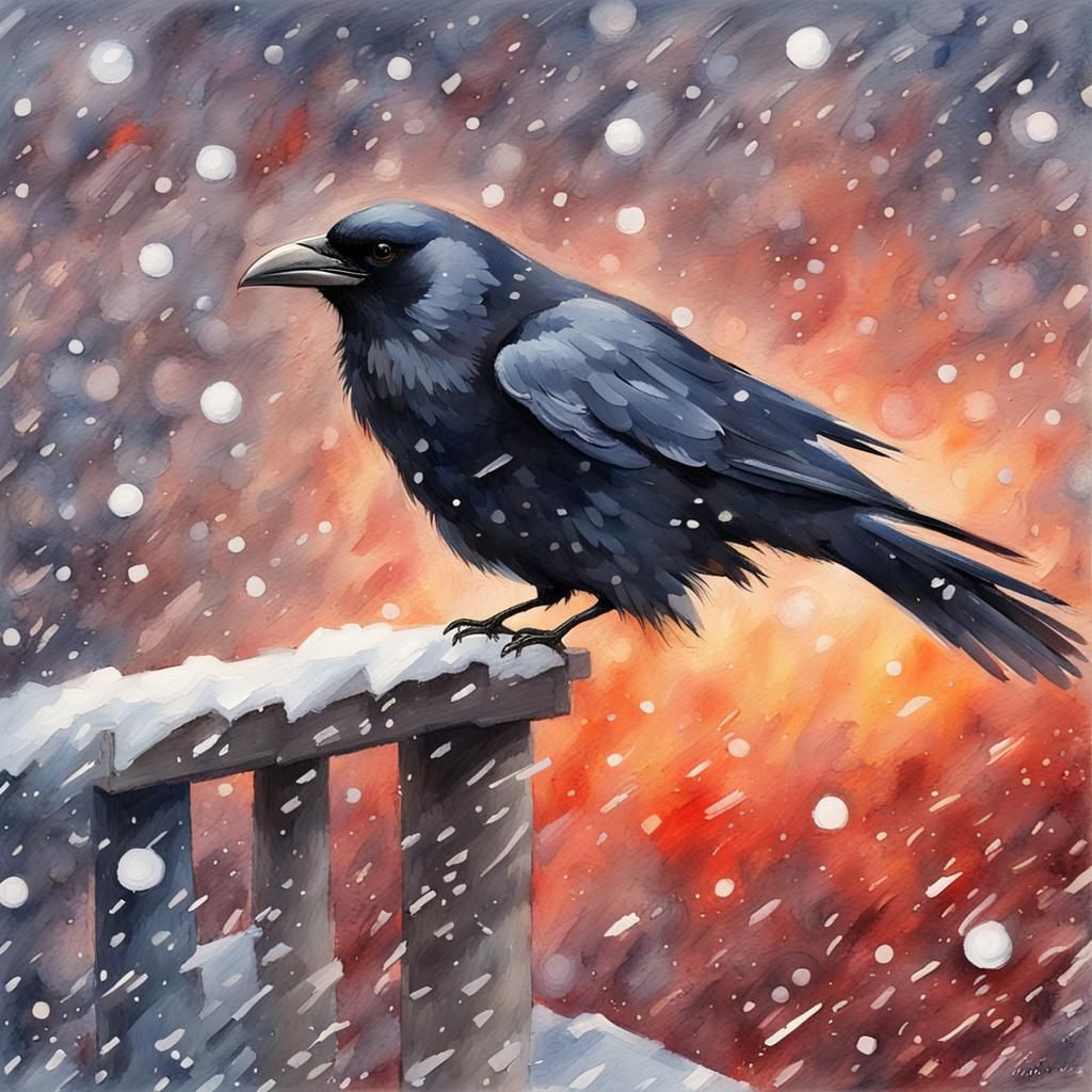 Festive Crow in Christmas Eve Snowstorm: Gouache Illustratio...