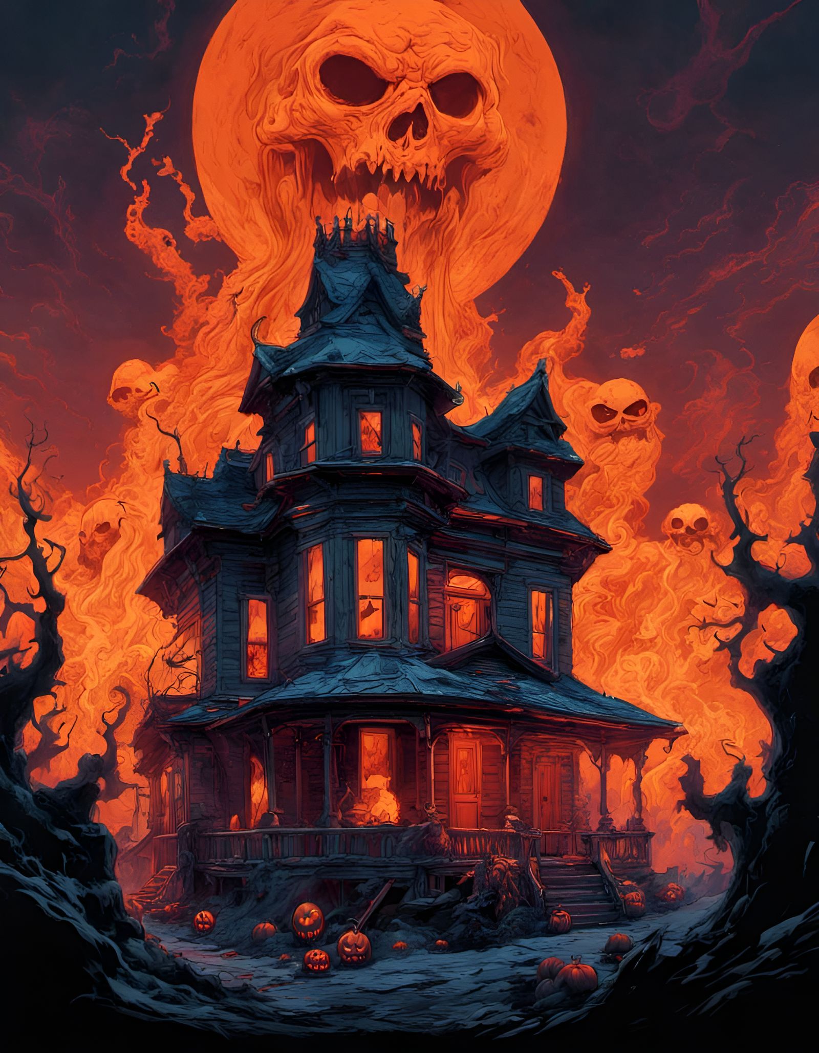 Fiery Ghosts Haunt House in Vibrant Poster Art