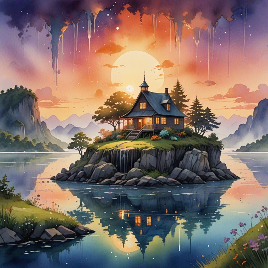 Surreal Sunset World with Floating Islands and Ethereal Wate...