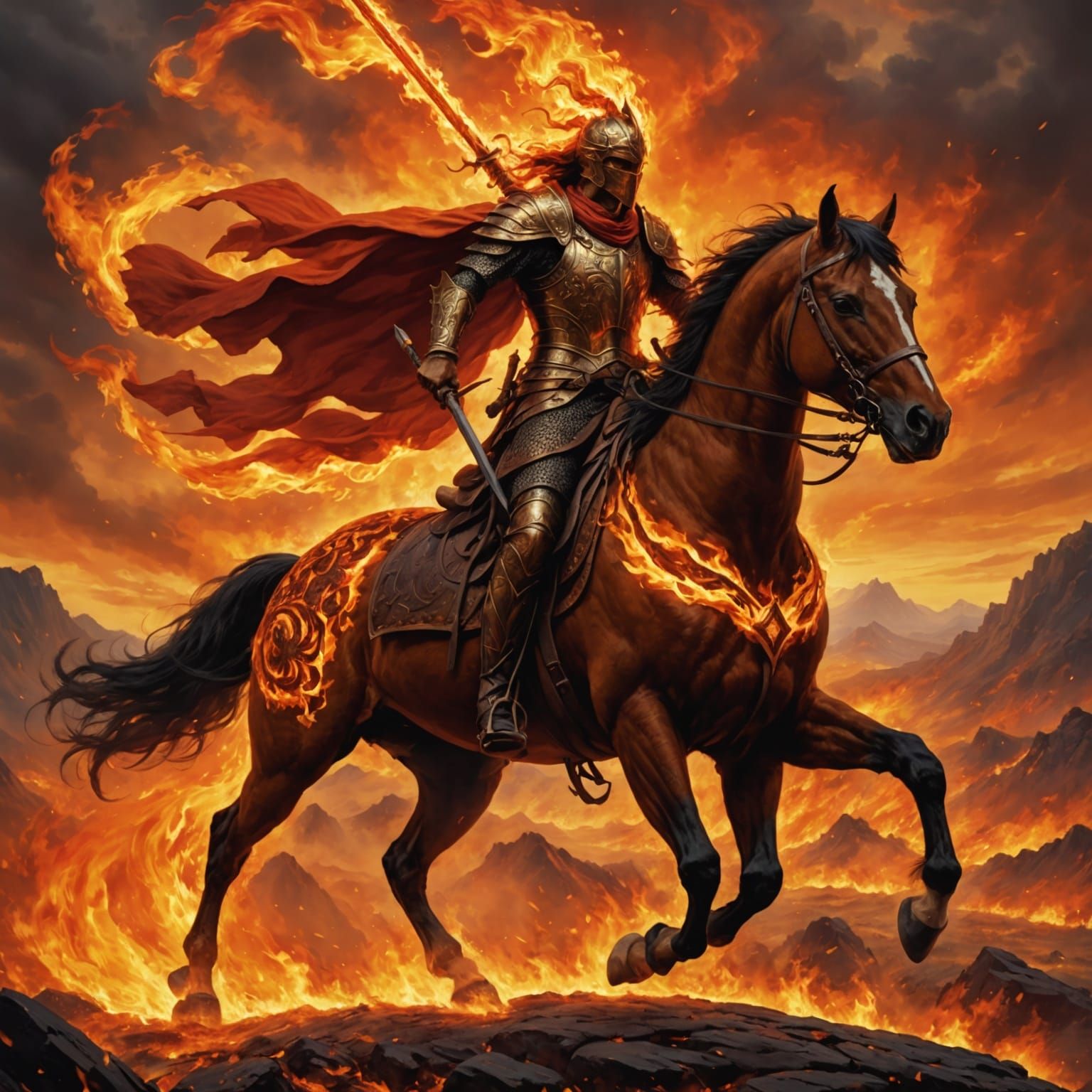 Majestic Fiery Warrior Rides a Blazing Steed