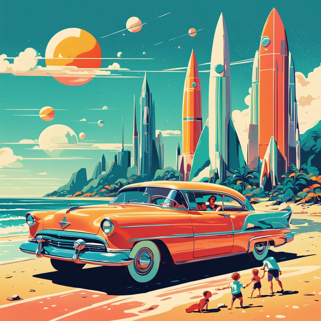 Retro-Futuristic Beach Vacation with Chrome Skyscraper