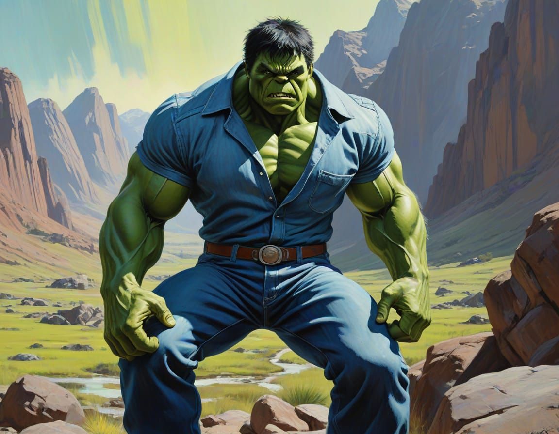 Incredible Hulk in Denim Jumpsuit, 1950s Sci-Fi Style