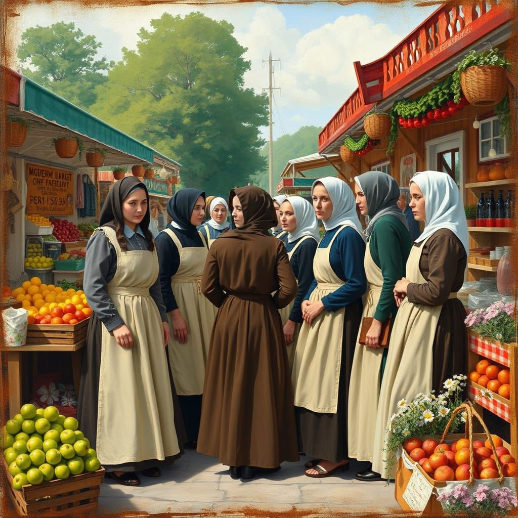 Amish and Mennonite Women at a Vibrant Farmer's Market