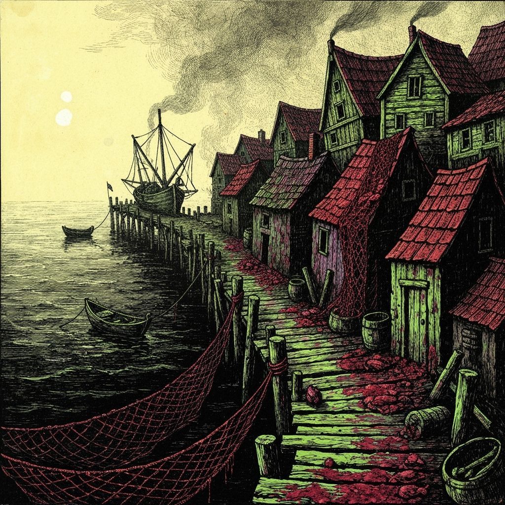 Dark Woodcut Engraving of Desolate Fishing Village