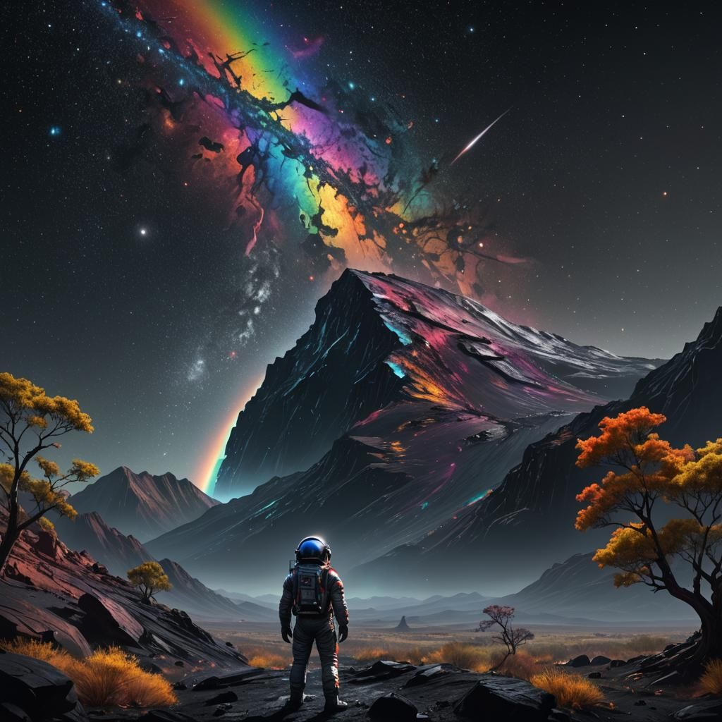 Astronaut on Alien Planet with Rainbow Tree