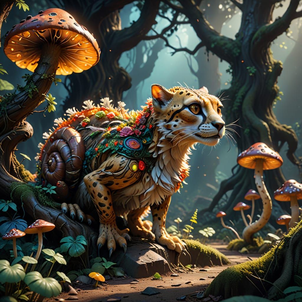 Cyberpunk Hero Cheetah-Snail in Ancient Fantasy Landscape