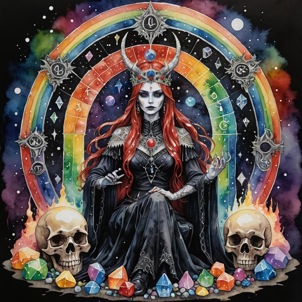 Gothic Goddess Lilith on Skull Throne in Watercolour