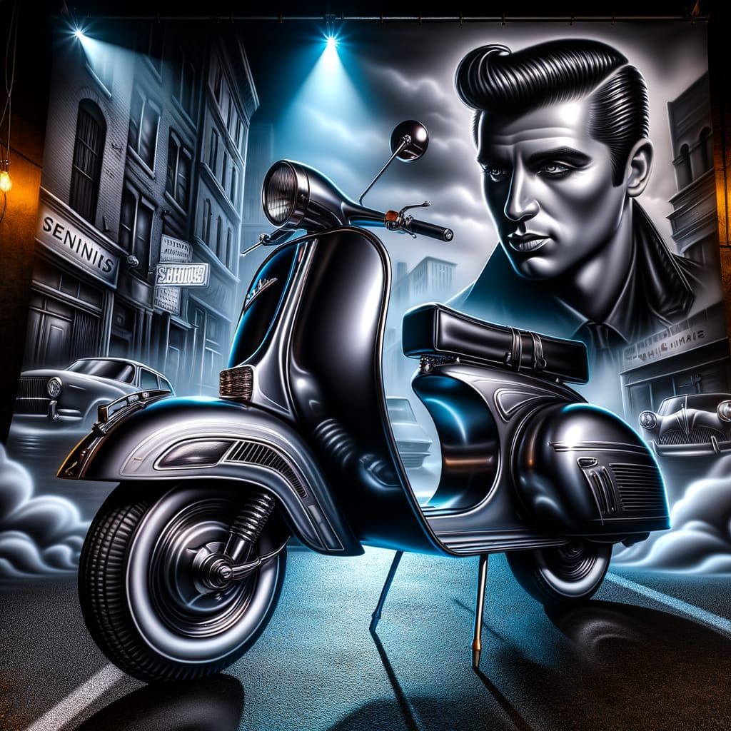 Retro Vespa Scooter with 1950s Rebel Portrait