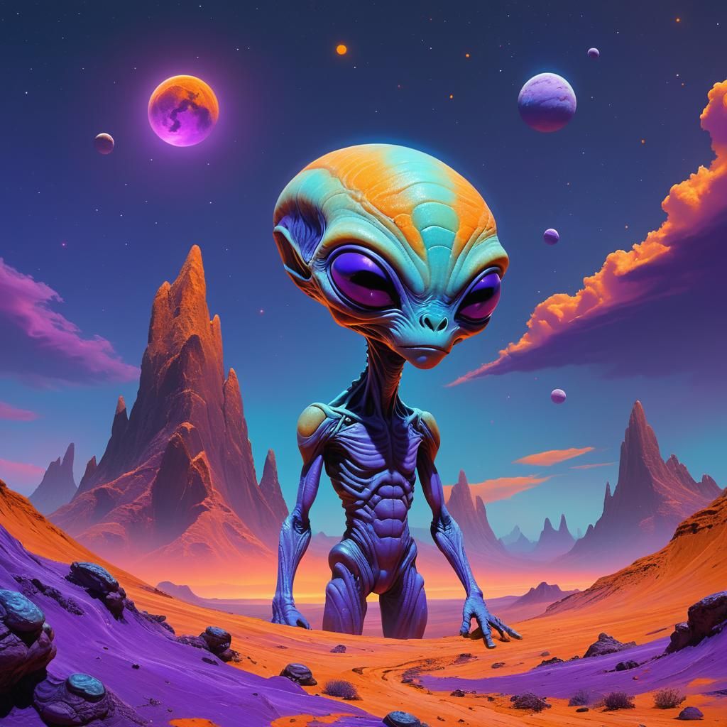 Blue Alien on a Purple and Orange World