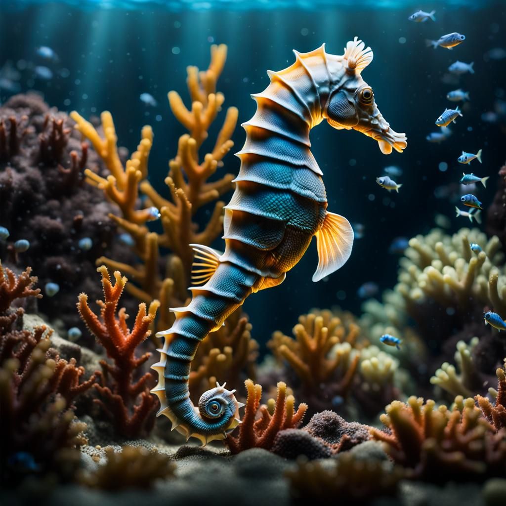 Ultra-Realistic Seahorse with Fish in Dreamlike Lighting