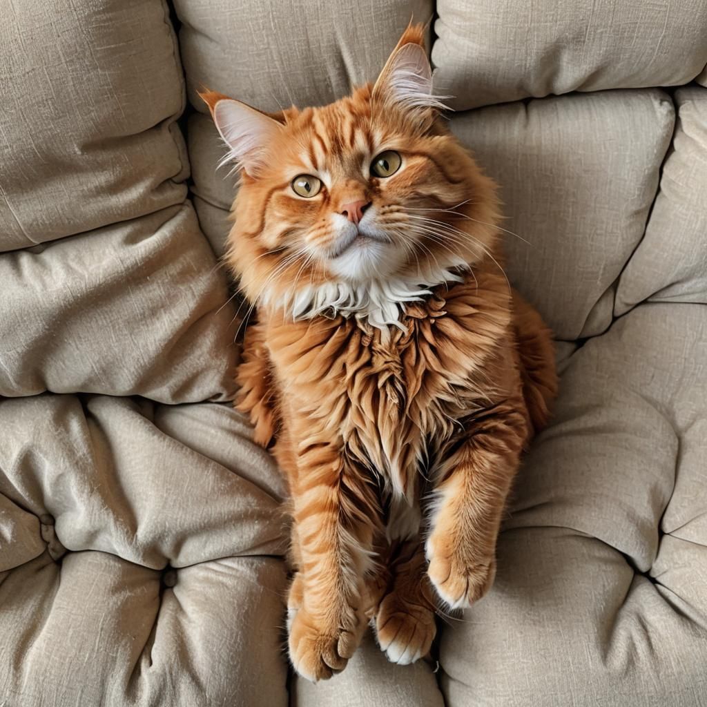 Fluffy Ginger Cat Relaxing on Sofa